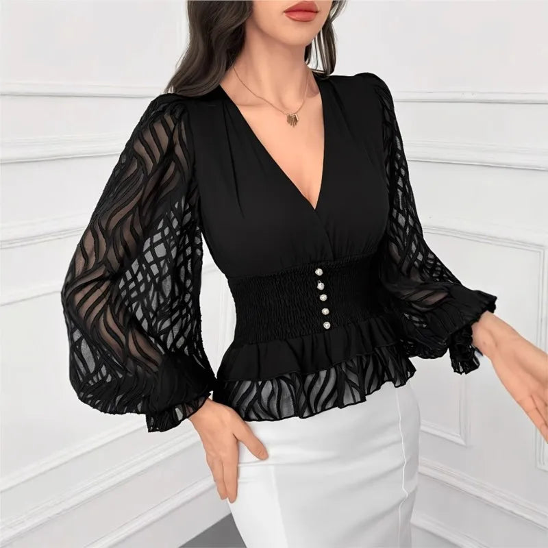 Elegante schwarze Damenbluse mit tiefem V-Ausschnitt & Laternenärmeln